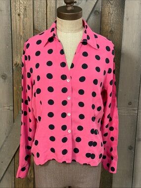 Vintage Victoria Soie 100% Silk Pink Black Polka Dot Button Front Blouse Size 16